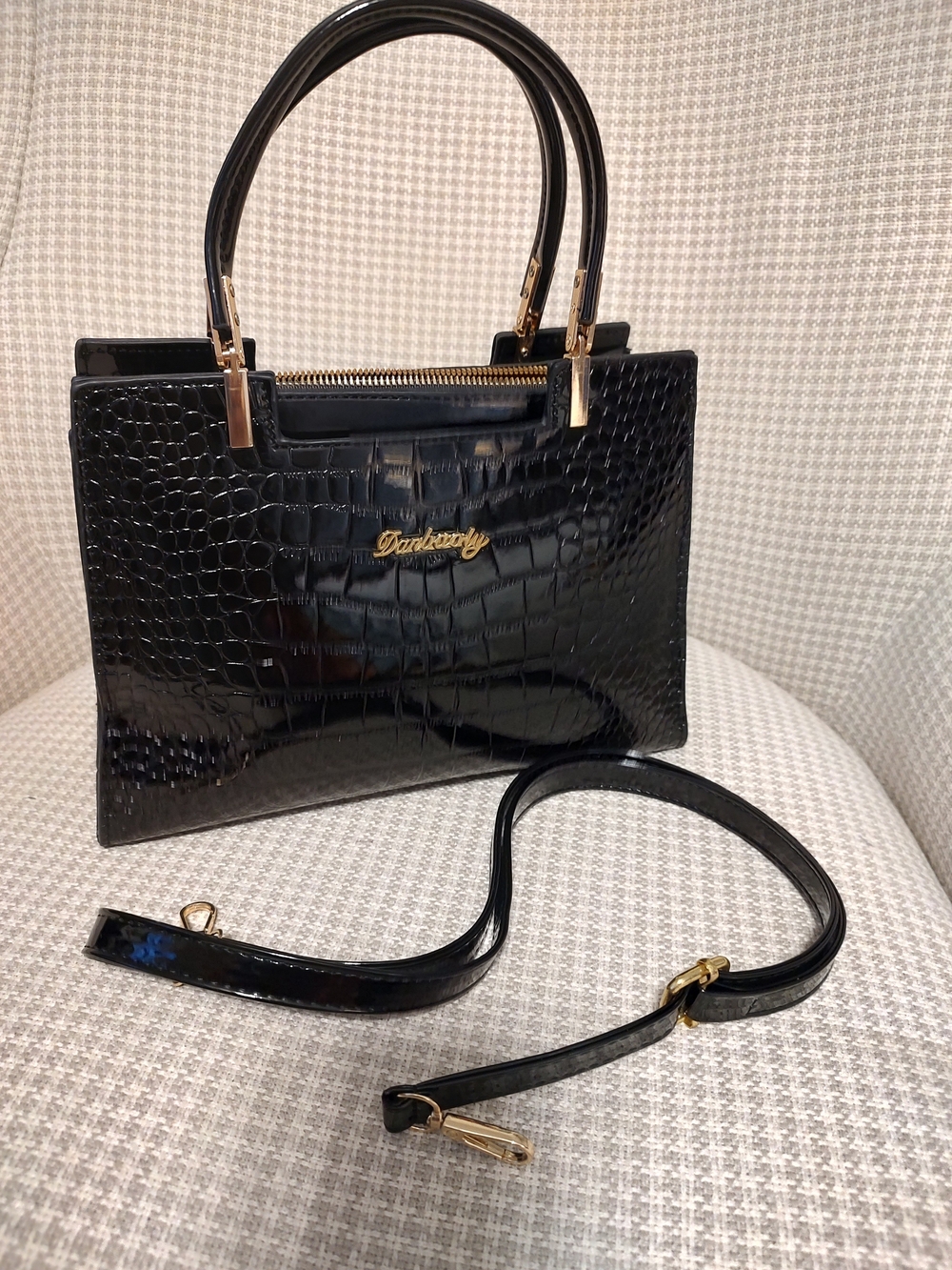 Black Croc-Embossed Patent Top-Handle Bag